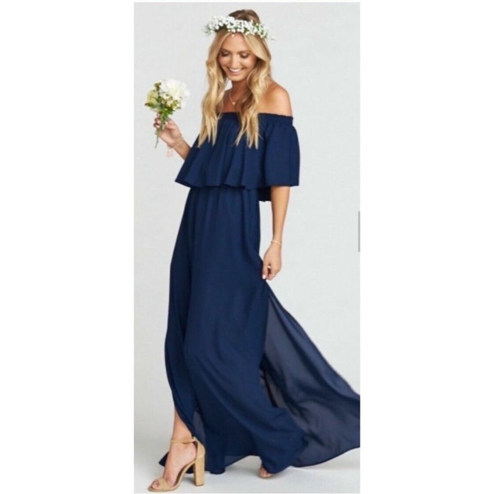 Show Me Your Mumu Hacienda Strapless Ruffle Rich Navy Blue Maxi Dress Sz XS NWT